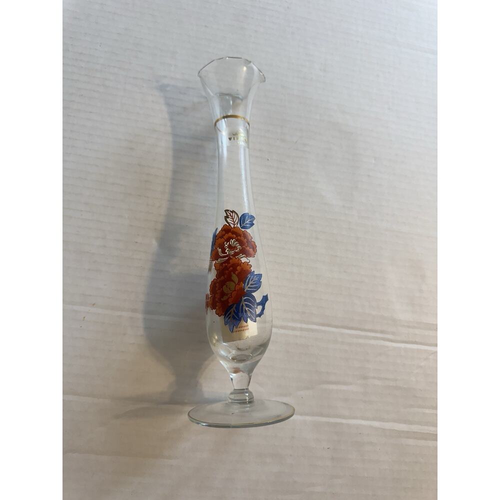 Viking Usa Vintage Glass Bud Vase With Floral Design And Gold Trim